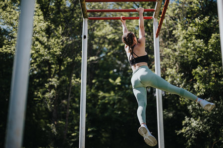 Woman exercising on monkey bars in outdoor park on a sunny day