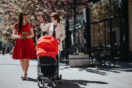 Businesswoman with baby stroller talking to friend in urban settingの写真素材