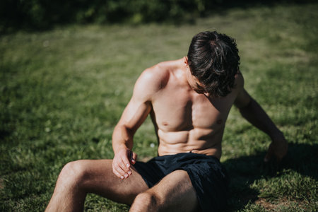 Muscular shirtless man resting in park after outdoor workout on sunny dayの写真素材