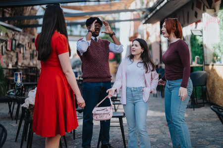 Stylish young friends enjoying free time together outdoors on a weekend