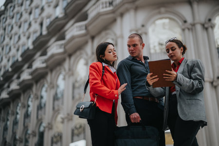 Young business entrepreneurs discussing work during an outdoor meeting in an urban setting