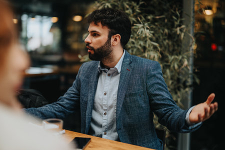 Confident business entrepreneur discussing ideas at a cafeの写真素材