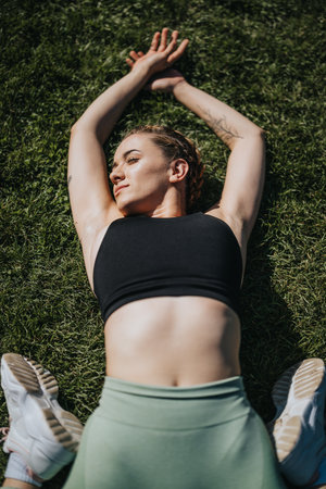 Young woman relaxing on grass after workout, enjoying sunlight
