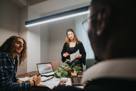 Multicultural team engages in a productive meeting, analyzing growth and sales stats in a modern...