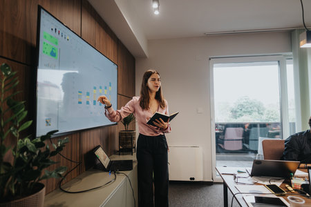 Professional woman leading a business presentation in a modern meeting room