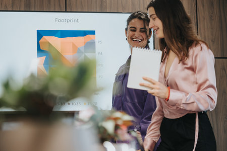 Multicultural female entrepreneurs analyzing project growth in a corporate meeting roomの写真素材
