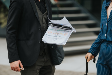 Businesspeople discussing documents in an urban setting