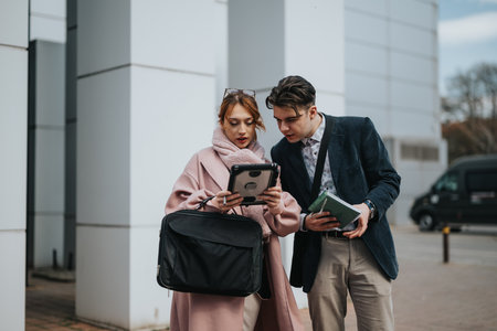 Young business partners strategizing in urban setting with digital tablet and notebook
