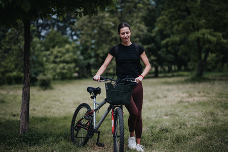 Young woman enjoying a relaxing bike ride in a lush green park