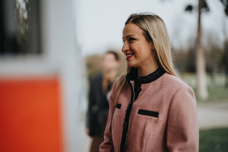 Confident businesswoman smiling outdoors with male colleague in background