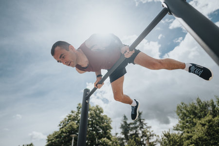 Athletic man training on exercise bars in a sunny urban park, focused and determinedの写真素材