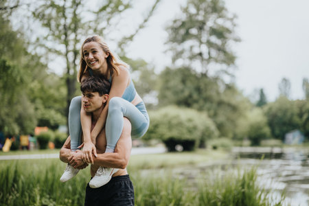 Happy couple enjoying piggyback ride outdoors on a bright day