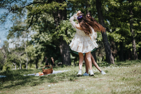 Joyful friends enjoying a summer day, twirling joyously in a sunlit parkの写真素材