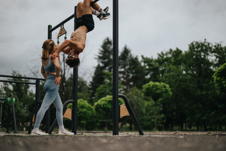 Outdoor calisthenics workout with a man and woman at park fitness station