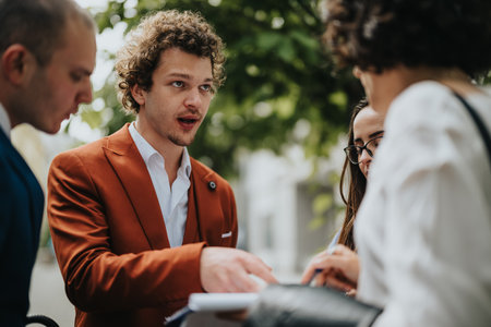 Team brainstorming during an outdoor business meeting with diverse professionals discussing ideas...