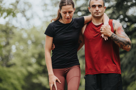 Caring boyfriend supports injured girlfriend during outdoor run