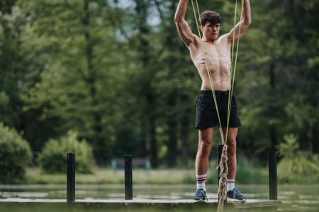 Young man exercising with resistance bands in nature by the lakeの写真素材