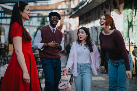 Stylish young friends enjoying their free time outdoors in the city on a weekendの写真素材