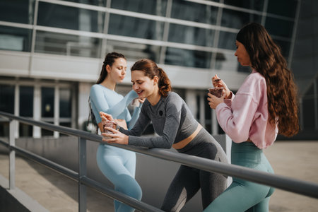 Active women taking a break with healthy snacks outside a modern buildingの写真素材