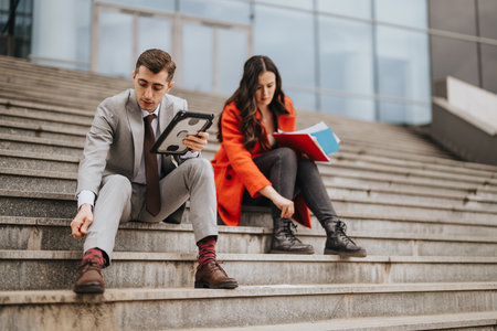 Business partners or attorneys relax on stairs, adjusting their clothing as they wait for their client to arrive for a meeting.の写真素材