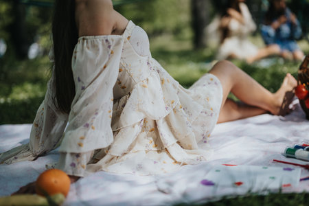 Sisters enjoying a peaceful picnic in a sunlit park, amidst natureの写真素材