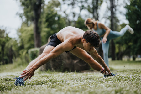 Man and woman doing outdoor stretching exercises in park for warm up and fitnessの写真素材