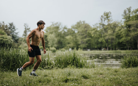 Athletic man jogging in the park next to a scenic lake