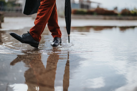 Person walking in a puddle with umbrella during rainy day reflecting in waterの写真素材
