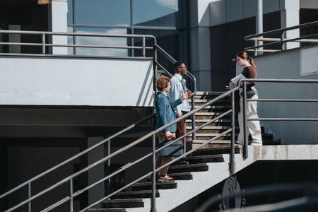 Diverse business team in an outdoor city meeting discussing project strategiesの写真素材