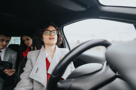 Confident businesswoman driving with associates in a car, discussing workの写真素材