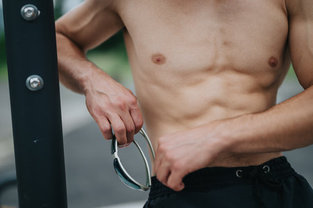Fit young man exercising outdoors with fitness equipment showing toned abs and muscular bodyの写真素材