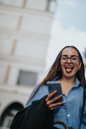 Happy young woman using smart phone outdoors in urban areaの写真素材