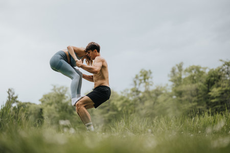 Couple practicing acrobatics in the park on a cloudy day