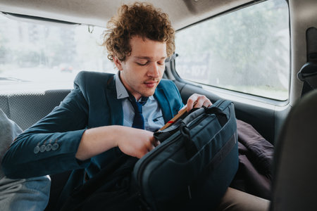 Young businessperson preparing for work while riding in a carの写真素材