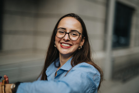 Businesswoman smiling with confidence in glasses and casual blue shirt outdoor