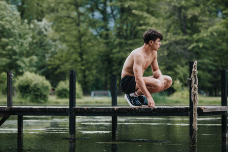 Young man exercising on wooden pier by the lake in natureの写真素材