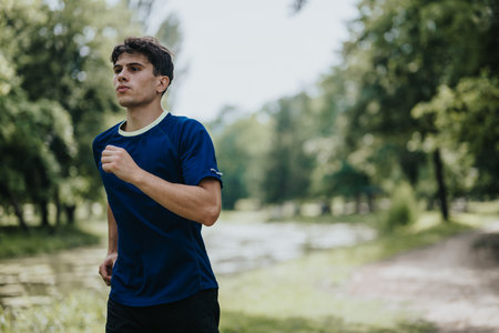 Young man jogging in a park on a sunny day, staying fit and healthy outdoors