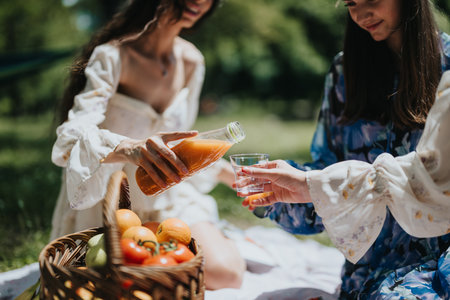 Two women enjoy a sunny picnic in the park, pouring juice and sharing fruitの写真素材