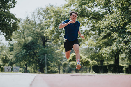 Man sprinting on outdoor track under the shaded trees in park