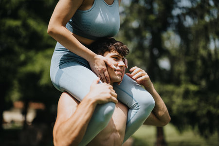Sports friends enjoying outdoor workout together with playful piggyback rideの写真素材