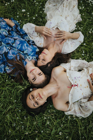 Three friends enjoying a relaxing day lying on the grass in the parkの写真素材