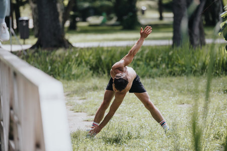 Man stretching in a park performing outdoor fitness exercise on a sunny dayの写真素材