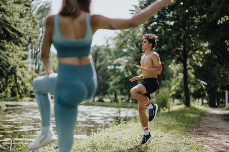 Young athletes training outdoors in a park, performing high-knee running exercises by the water.の写真素材