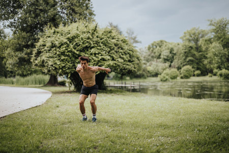 Flexible man doing back flips in a park showcasing athletic skills and strengthの写真素材