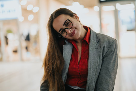 Young professional woman in a casual business meeting with bright backgroundの写真素材
