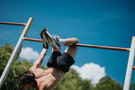 Young man performing calisthenics on a pull-up bar outdoors under a clear blue sky