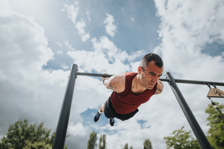 Fit man practicing calisthenics on outdoor bars in a sunny urban park