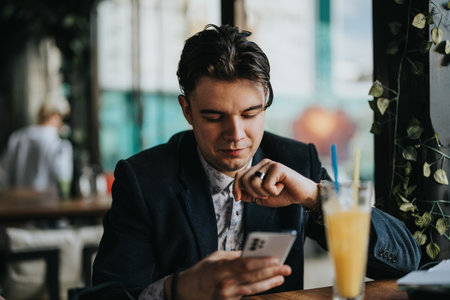 Focused entrepreneur checking smart phone at a cafe with a drink on the tableの写真素材