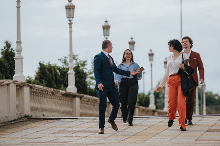 Group of business professionals walking and talking outdoors in a city setting