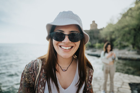 Joyful girl with sunglasses and hat smiling by the sea on a sunny dayの写真素材